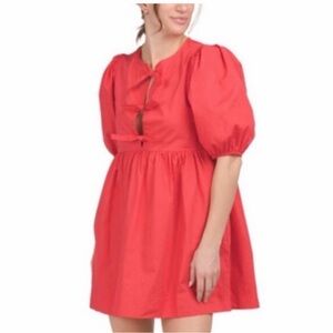 Band of the free boutique puff sleeve red mini dress, bow front, Large